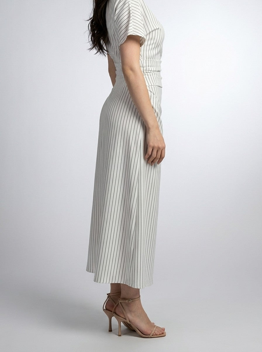 Women's Striped Boat Neck Short Sleeve Ruched Maxi Dress