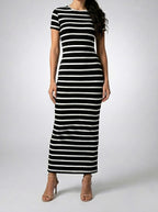 Women's Striped Crew Neck Short Sleeve Bodycon Maxi Dress