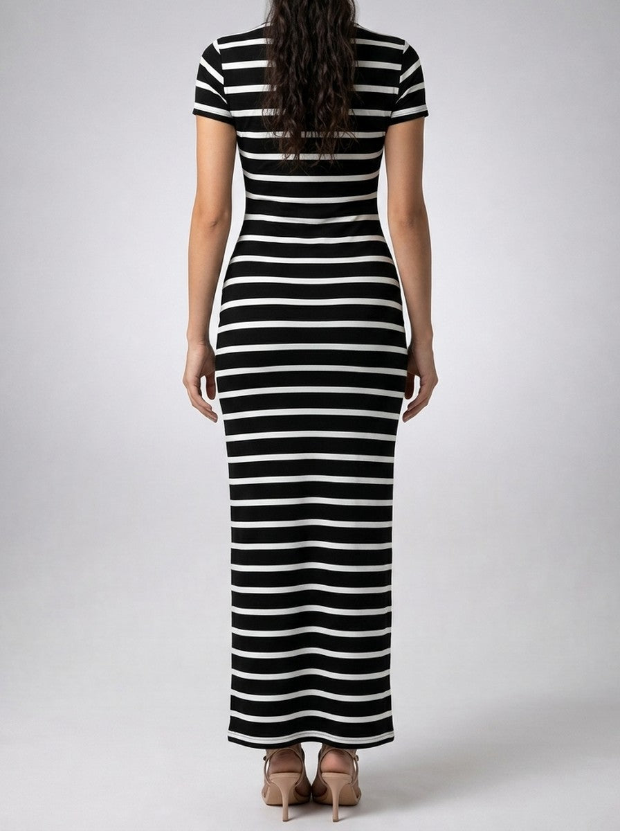 Women's Striped Crew Neck Short Sleeve Bodycon Maxi Dress