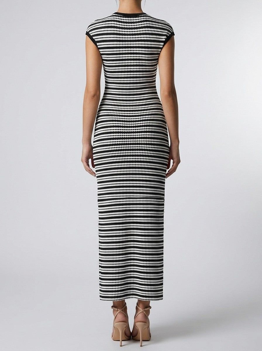 Women's Striped Round Neck Cap Sleeve Bodycon Maxi Dress