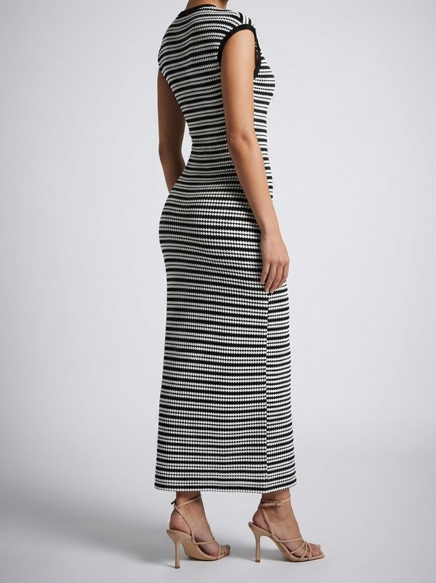 Women's Striped Round Neck Cap Sleeve Bodycon Maxi Dress