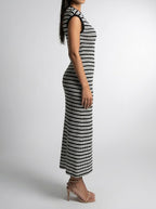 Women's Striped Round Neck Cap Sleeve Bodycon Maxi Dress