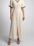 Women's V-Neck Button Front Short Sleeve A-Line Maxi Dress