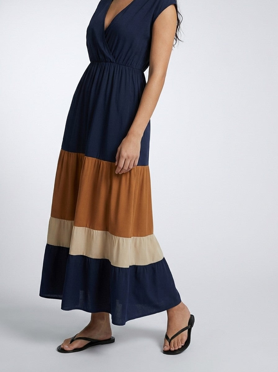 Women's V-Neck Cap Sleeve Colour Block Tiered Maxi Dress