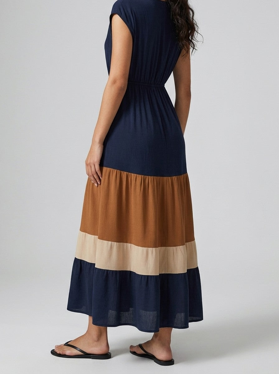 Women's V-Neck Cap Sleeve Colour Block Tiered Maxi Dress