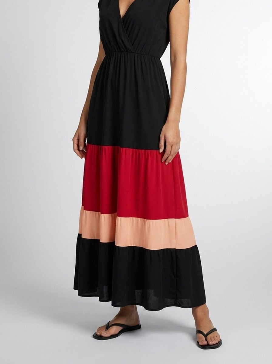 Women's V-Neck Cap Sleeve Colour Block Tiered Maxi Dress