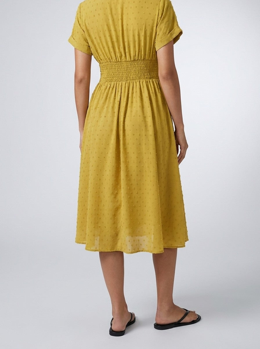 Women's V-Neck Swiss Dot Short Sleeve Shirred Waist Midi Dress