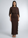 Women's Boat Neck Cape Sleeve Ruched Maxi Dress