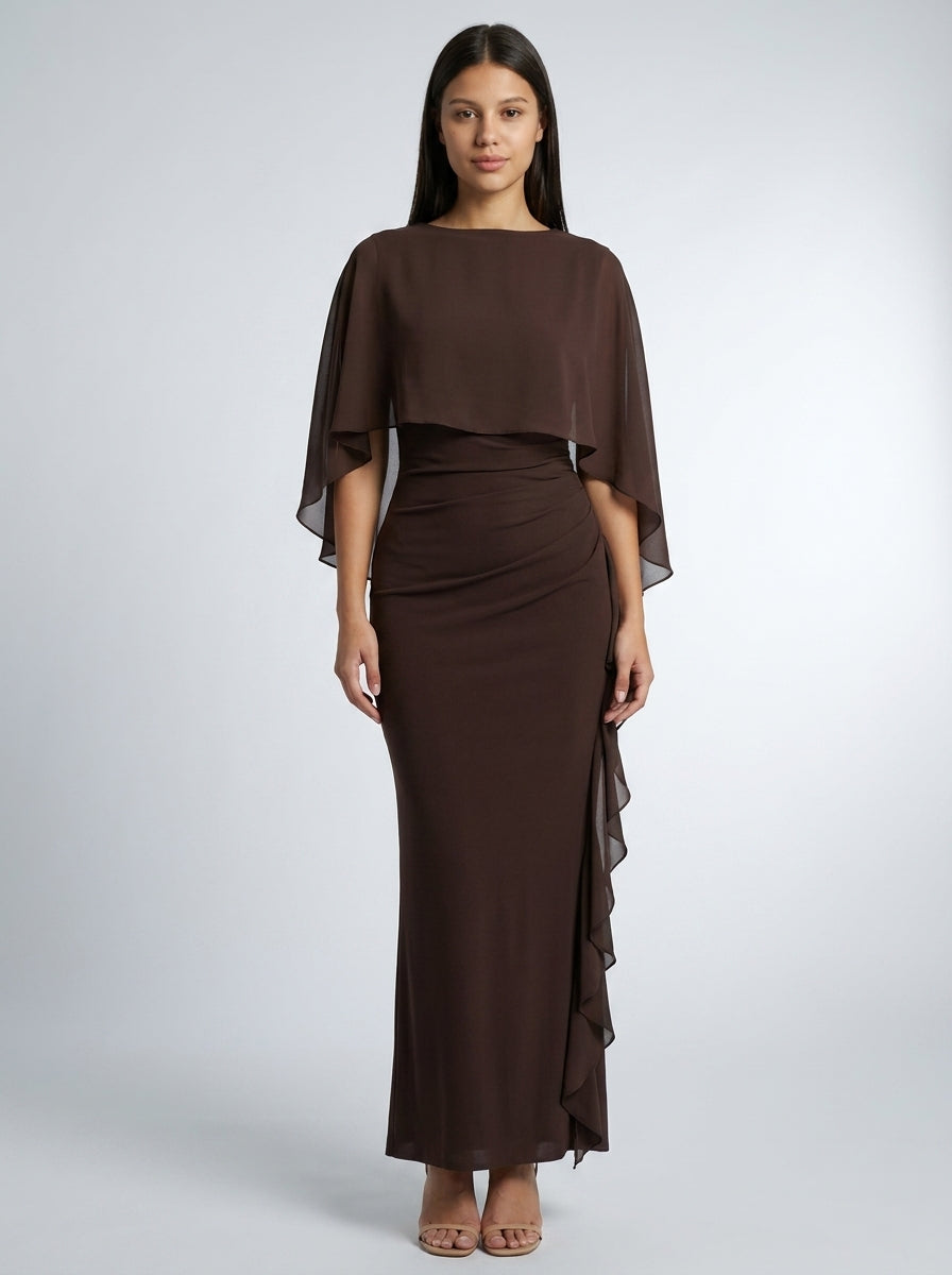 Women's Boat Neck Cape Sleeve Ruched Maxi Dress