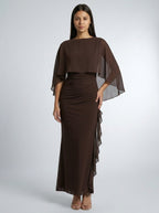 Women's Boat Neck Cape Sleeve Ruched Maxi Dress