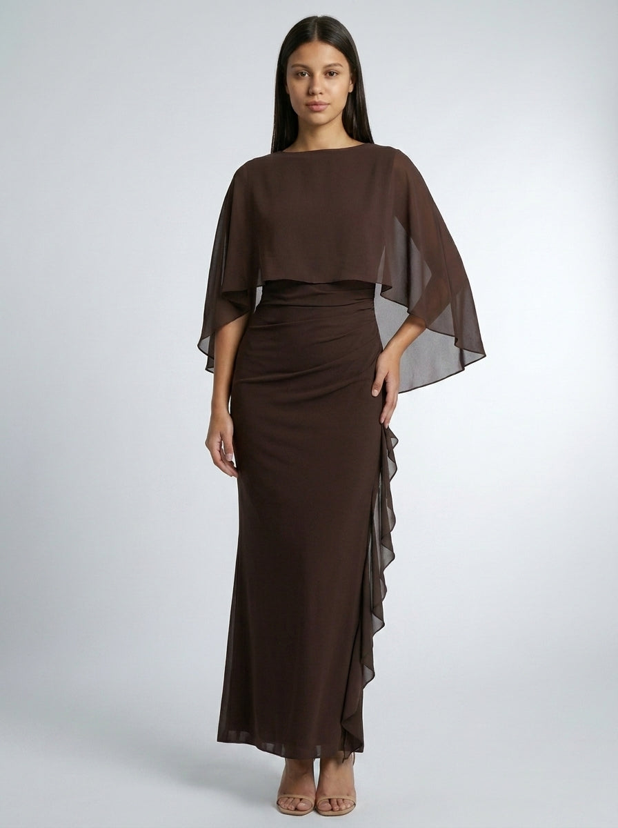 Women's Boat Neck Cape Sleeve Ruched Maxi Dress