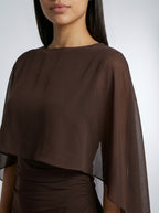Women's Boat Neck Cape Sleeve Ruched Maxi Dress