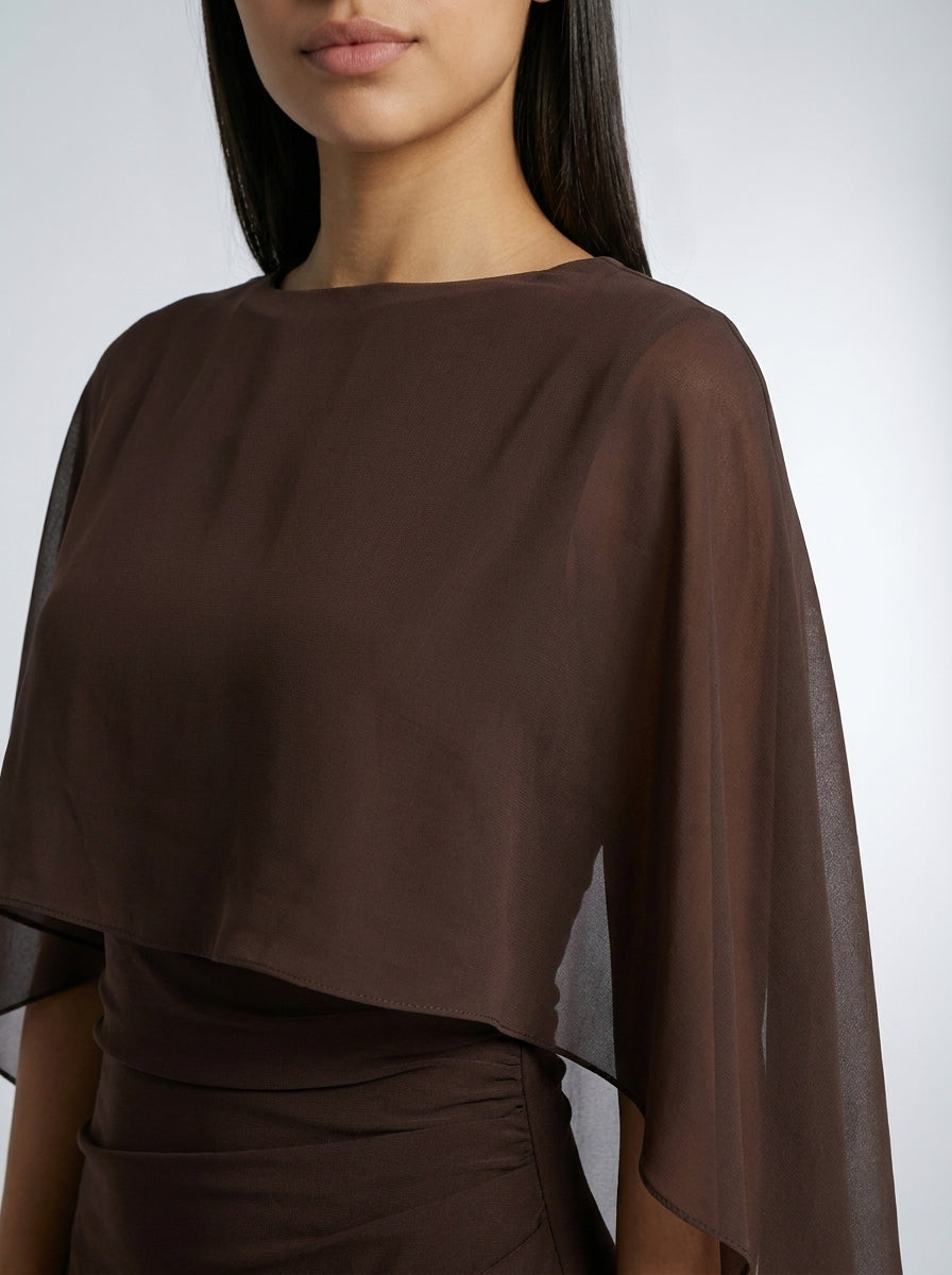 Women's Boat Neck Cape Sleeve Ruched Maxi Dress