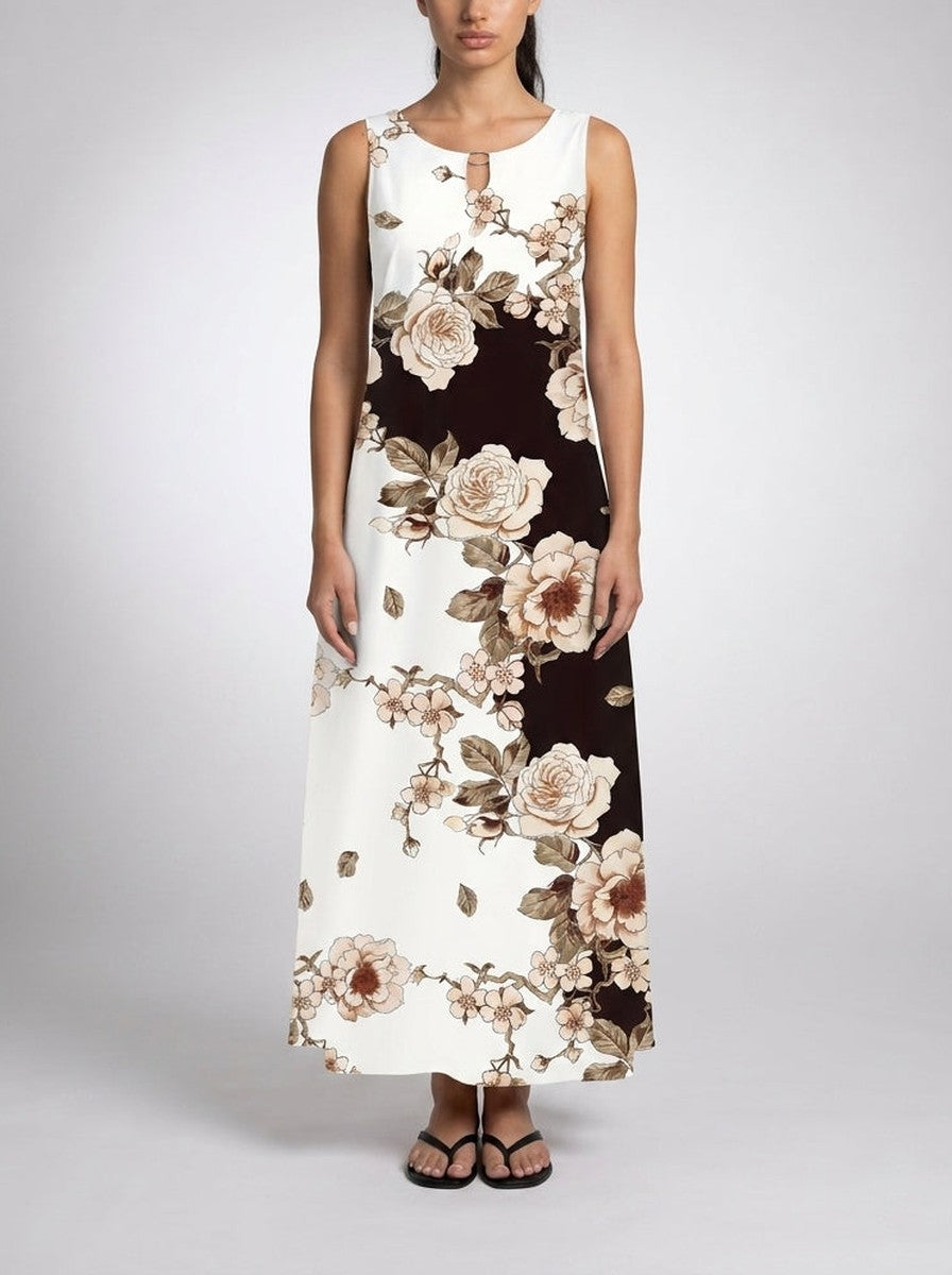 Women's Boho Floral Print Sleeveless Maxi Dress with Round Neck