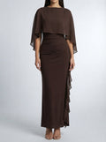 Women's Chiffon Boat Neck Cape Sleeve Ruched Occasion Maxi Dress