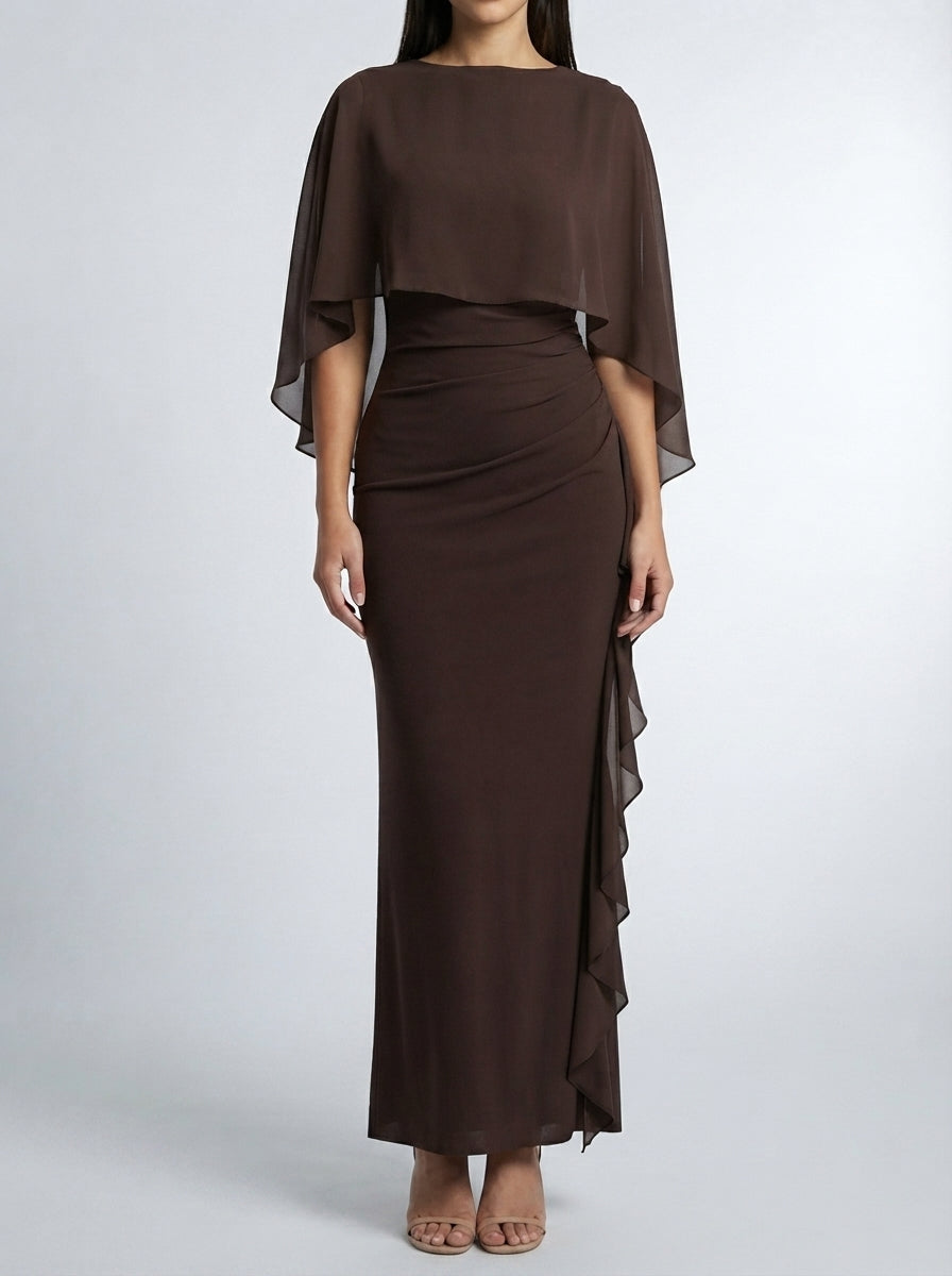Women's Chiffon Boat Neck Cape Sleeve Ruched Occasion Maxi Dress