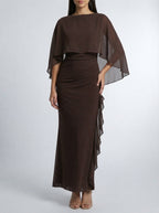 Women's Chiffon Boat Neck Cape Sleeve Ruched Occasion Maxi Dress
