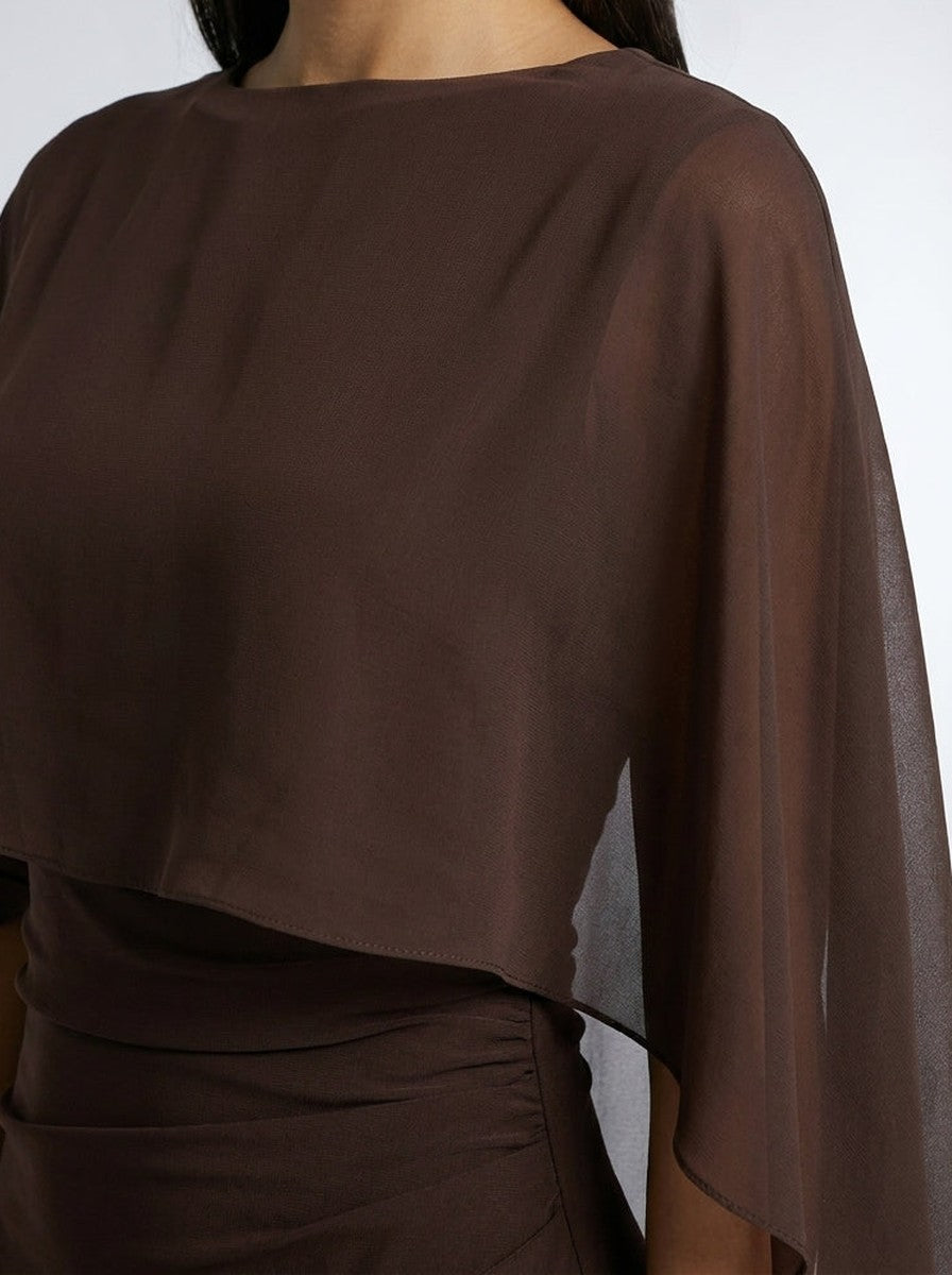 Women's Chiffon Boat Neck Cape Sleeve Ruched Occasion Maxi Dress