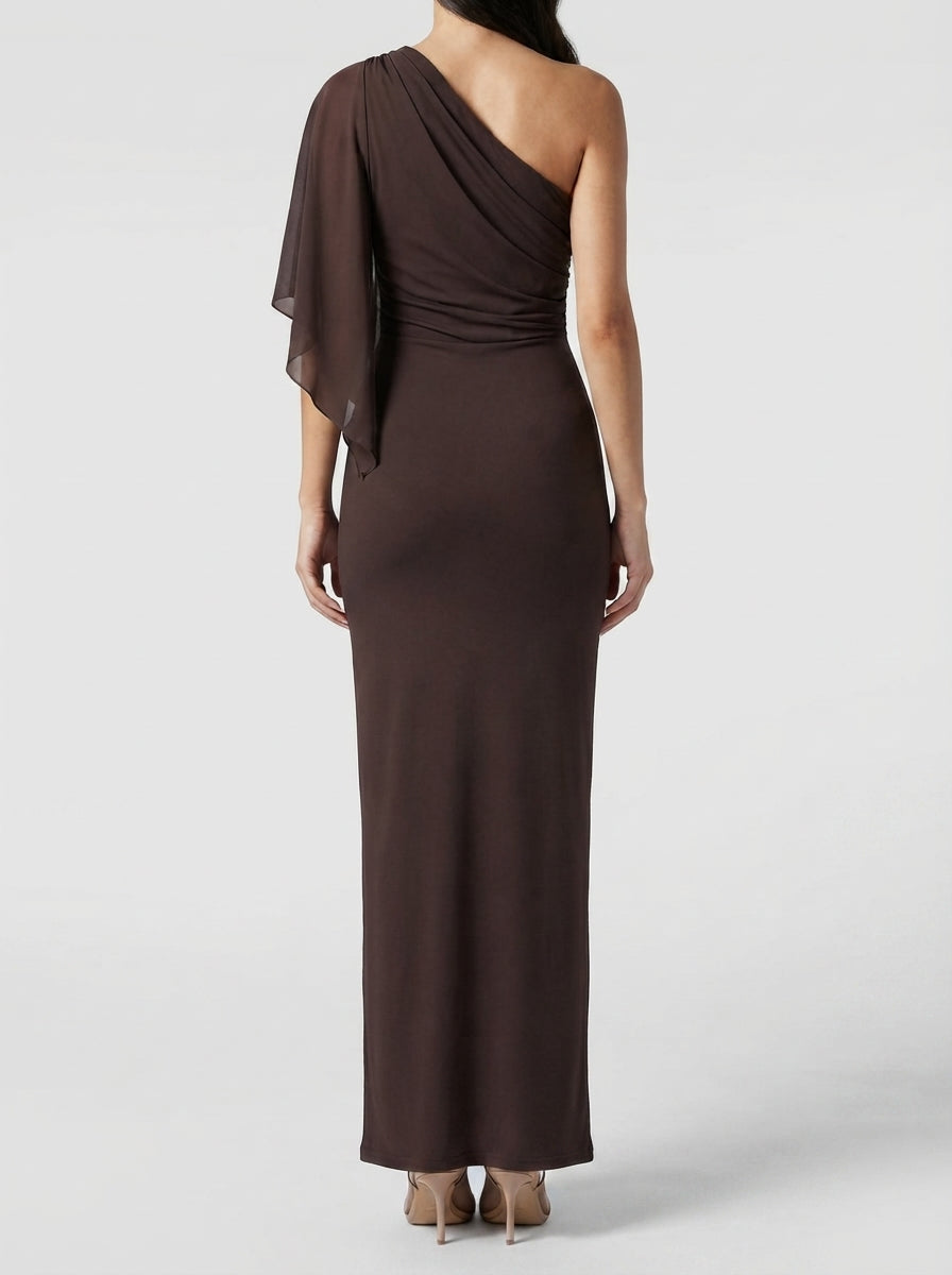 Women's Chiffon Boat Neck Cape Sleeve Ruched Occasion Maxi Dress
