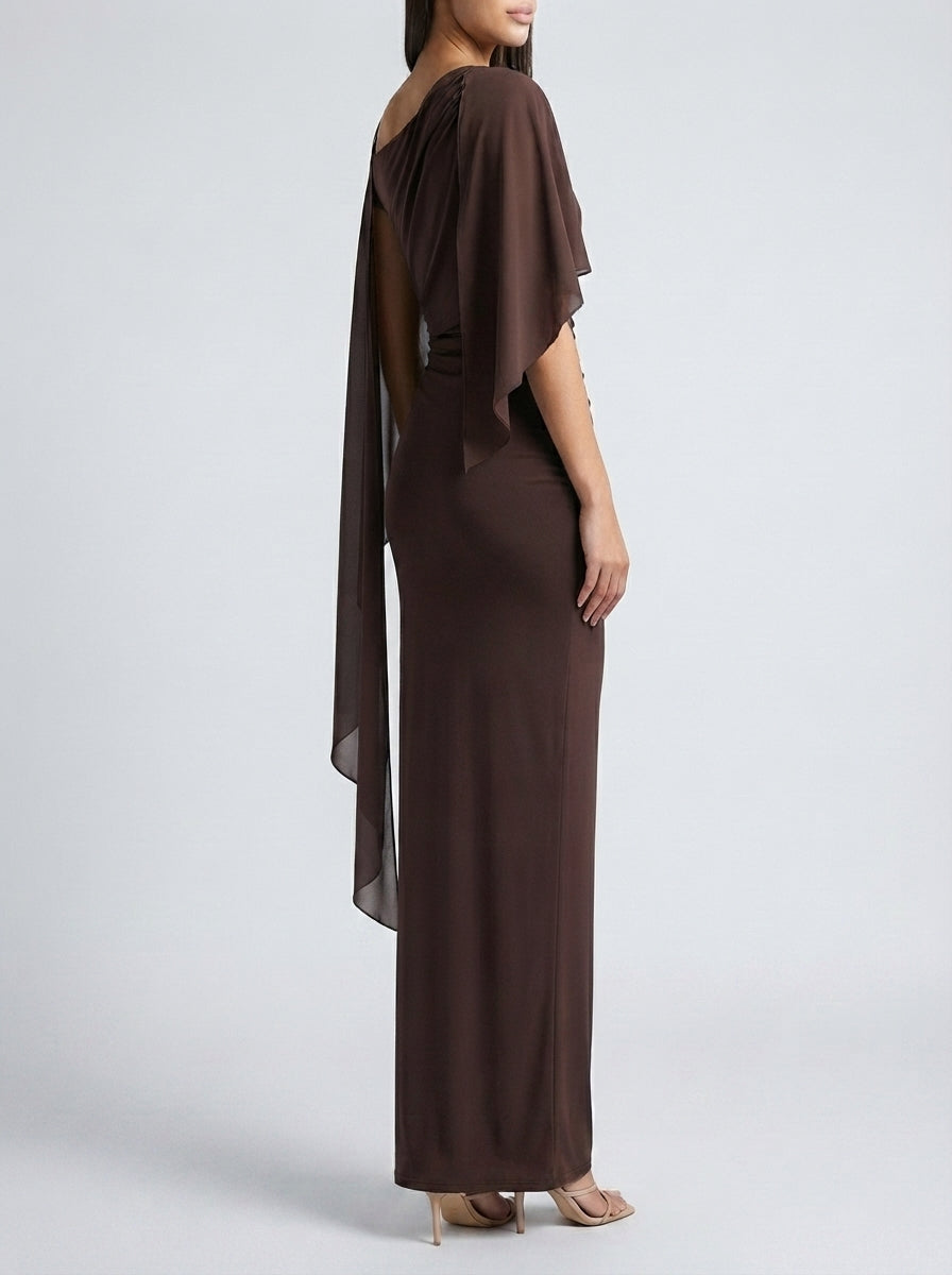 Women's Chiffon Boat Neck Cape Sleeve Ruched Occasion Maxi Dress