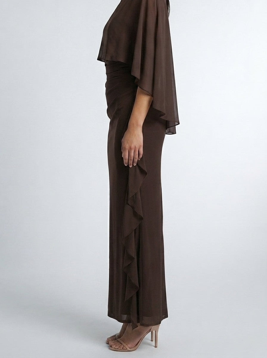 Women's Chiffon Boat Neck Cape Sleeve Ruched Occasion Maxi Dress