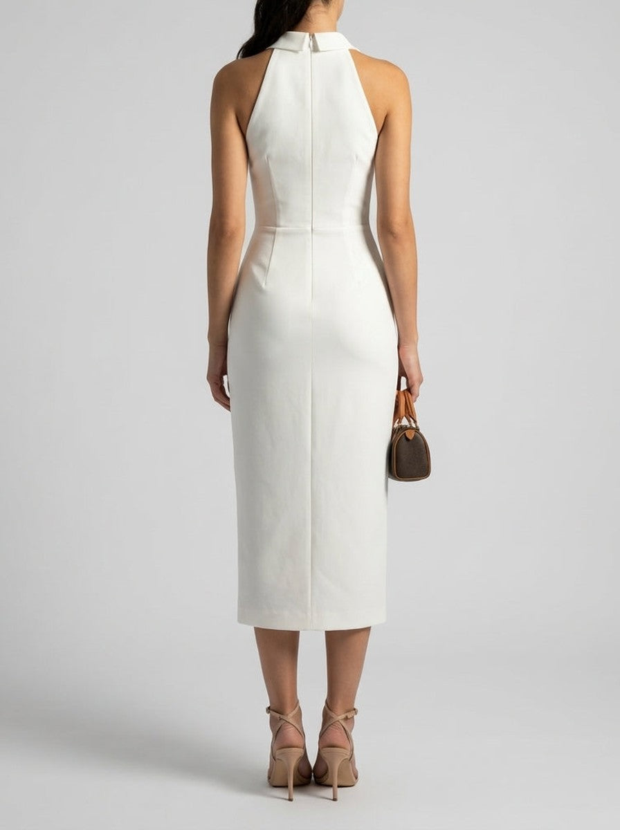 Women's Elegant Collared Halter Neck Wedding Guest Midi Dress
