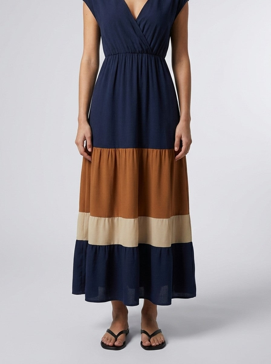 Women's Elegant Colour Block Tiered Occasion Maxi Dress with Cap Sleeve