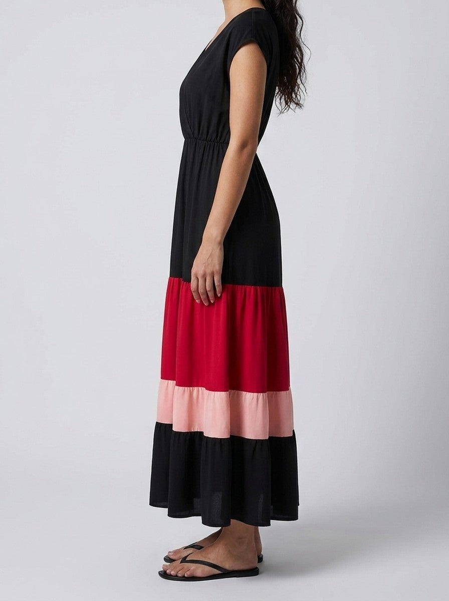 Women's Elegant Colour Block Tiered Occasion Maxi Dress with Cap Sleeve