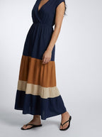 Women's Elegant Colour Block Tiered Occasion Maxi Dress with Cap Sleeve