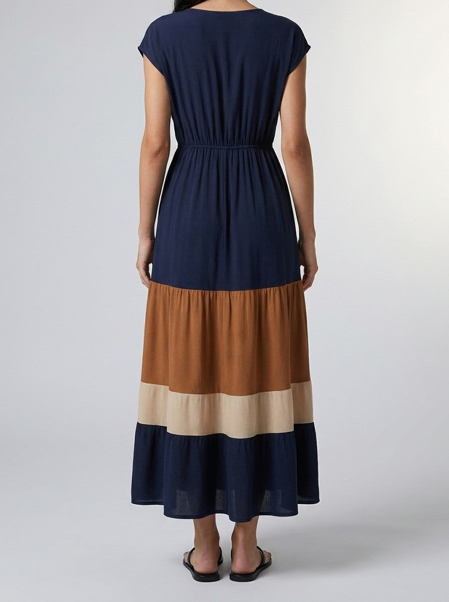 Women's Elegant Colour Block Tiered Occasion Maxi Dress with Cap Sleeve