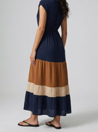 Women's Elegant Colour Block Tiered Occasion Maxi Dress with Cap Sleeve