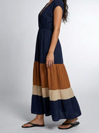 Women's Elegant Colour Block Tiered Occasion Maxi Dress with Cap Sleeve