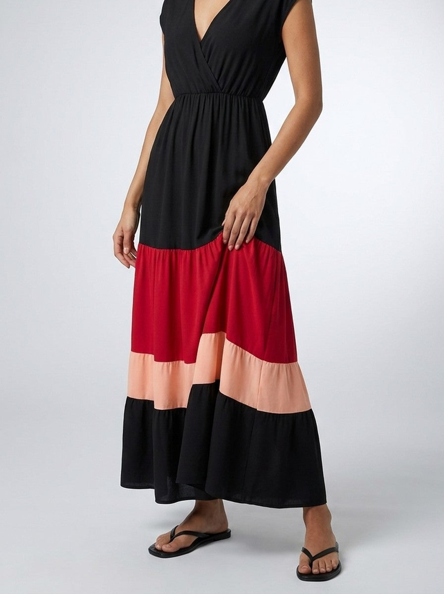 Women's Elegant Colour Block Tiered Occasion Maxi Dress with Cap Sleeve