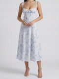 Women's Elegant Floral A-Line Wedding Guest Midi Dress with Sweetheart Neck