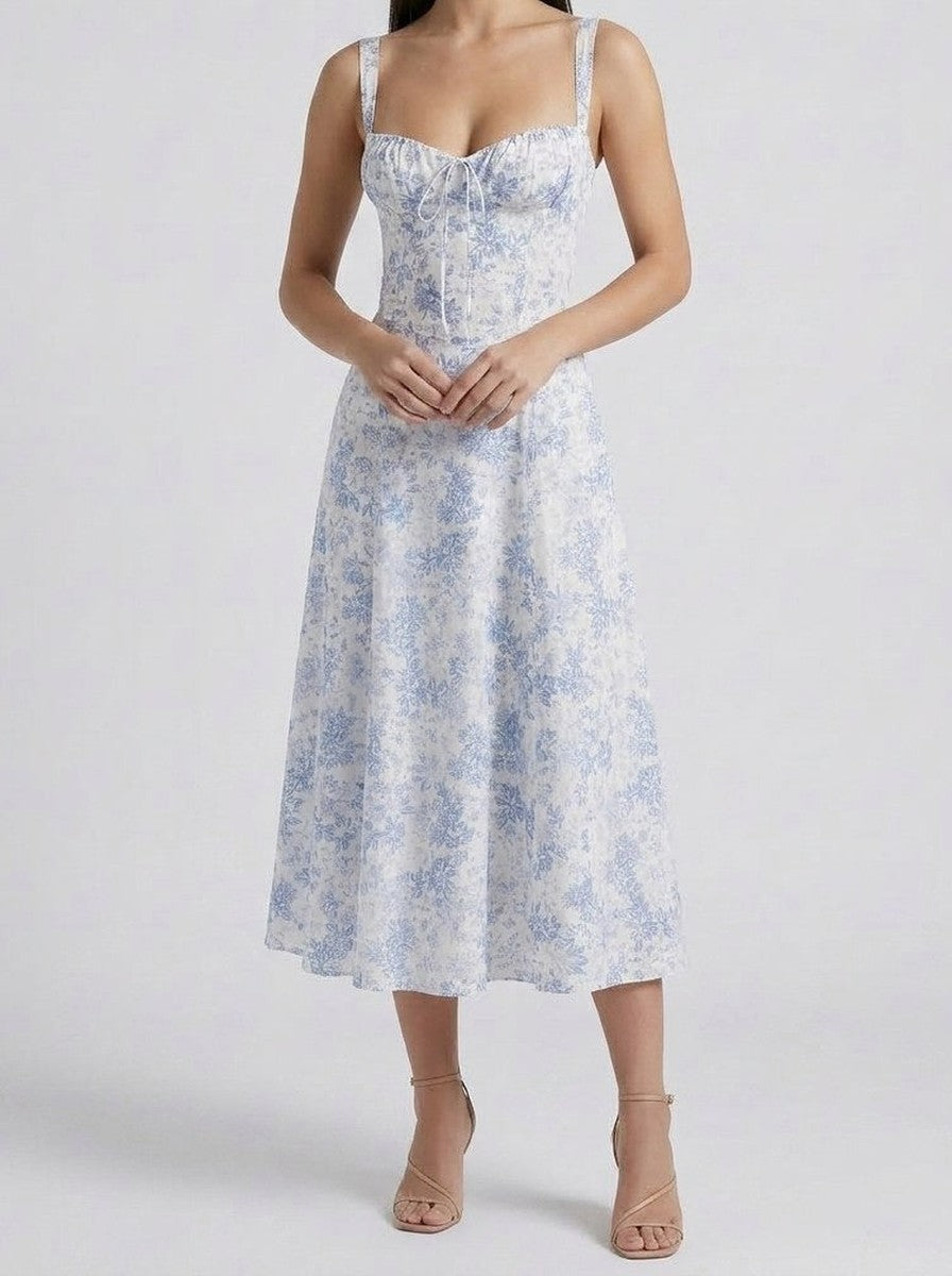 Women's Elegant Floral A-Line Wedding Guest Midi Dress with Sweetheart Neck