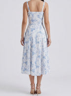 Women's Elegant Floral A-Line Wedding Guest Midi Dress with Sweetheart Neck