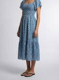 Women's Elegant Floral Print Tiered Occasion Midi Dress with Puff Sleeve