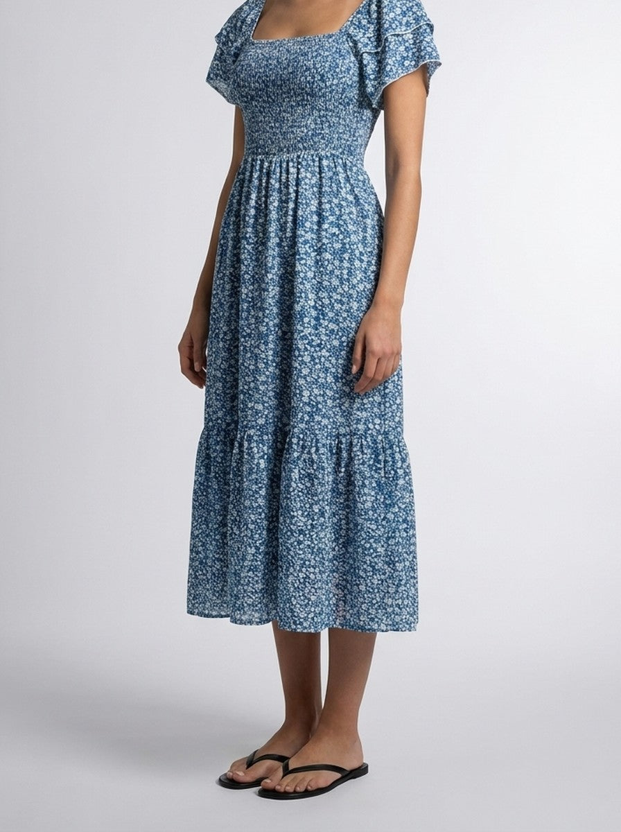 Women's Elegant Floral Print Tiered Occasion Midi Dress with Puff Sleeve