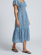 Women's Elegant Floral Print Tiered Occasion Midi Dress with Puff Sleeve