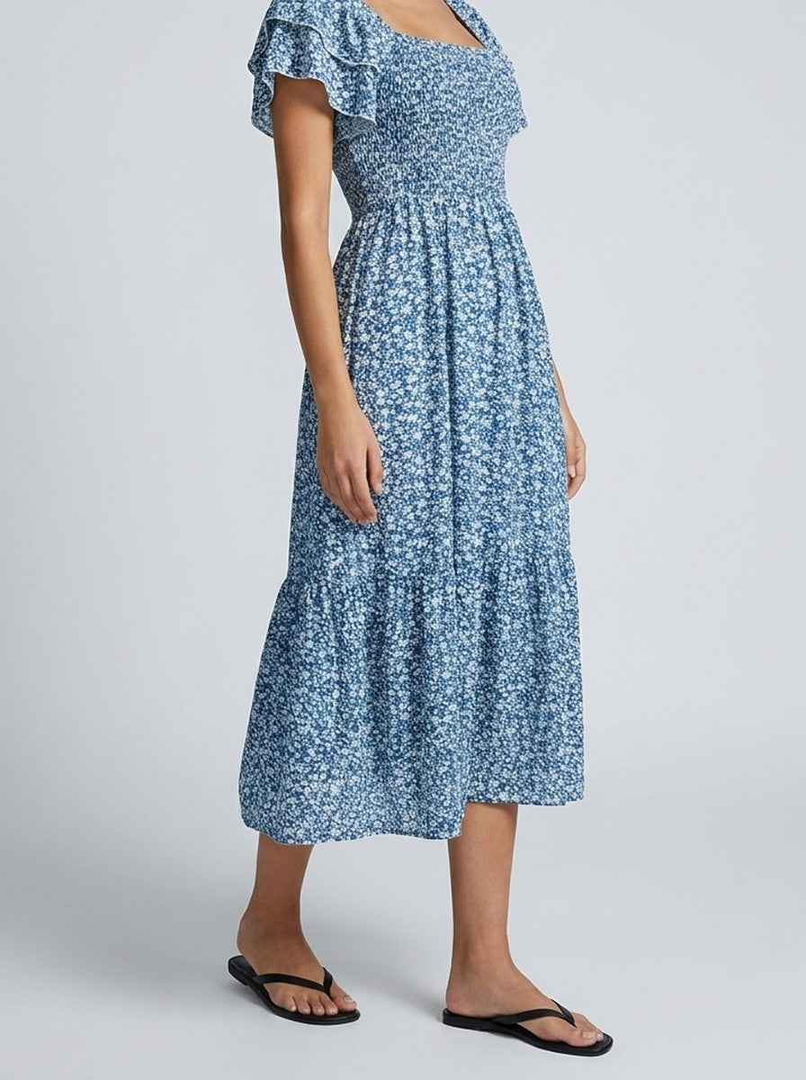 Women's Elegant Floral Print Tiered Occasion Midi Dress with Puff Sleeve