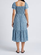 Women's Elegant Floral Print Tiered Occasion Midi Dress with Puff Sleeve