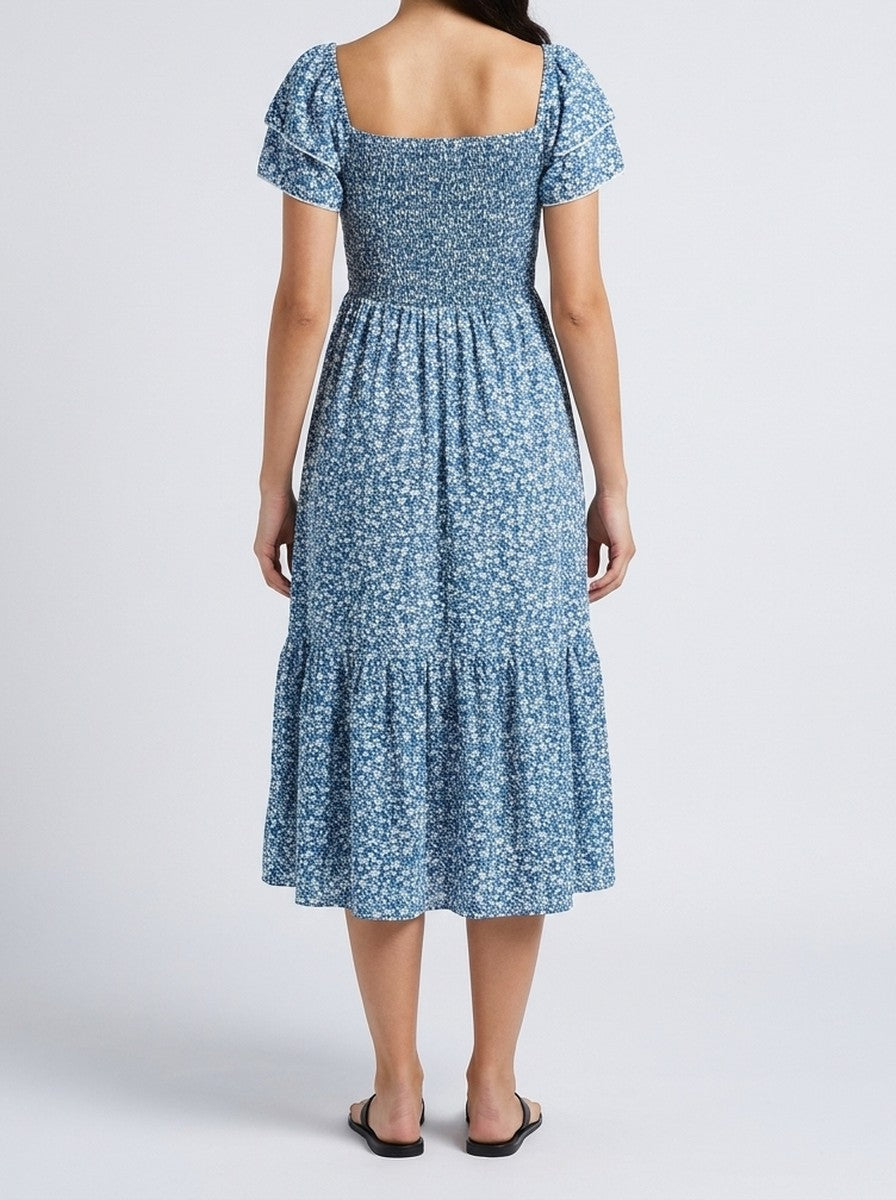Women's Elegant Floral Print Tiered Occasion Midi Dress with Puff Sleeve