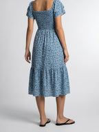 Women's Elegant Floral Print Tiered Occasion Midi Dress with Puff Sleeve