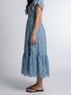 Women's Elegant Floral Print Tiered Occasion Midi Dress with Puff Sleeve