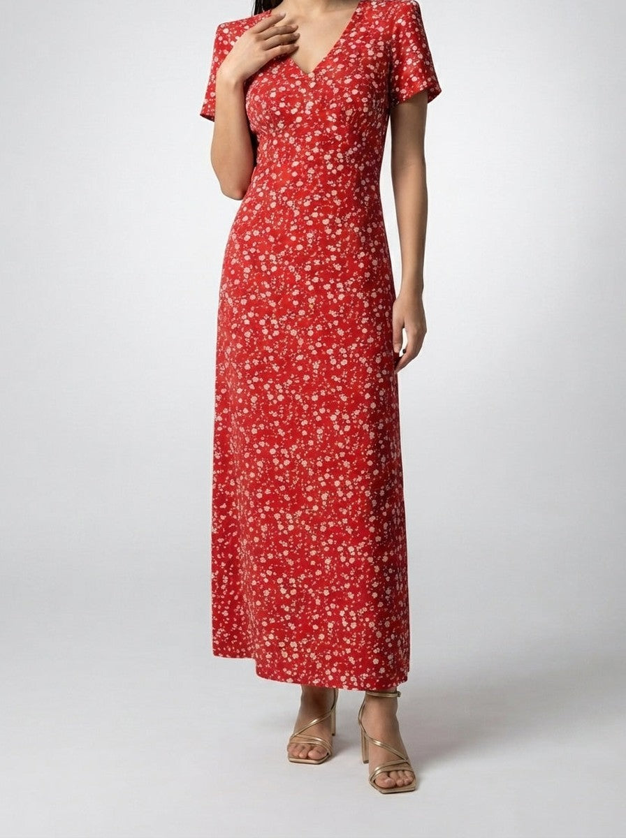 Women's Elegant Floral Short Sleeve Wedding Guest Maxi Dress with V-Neck