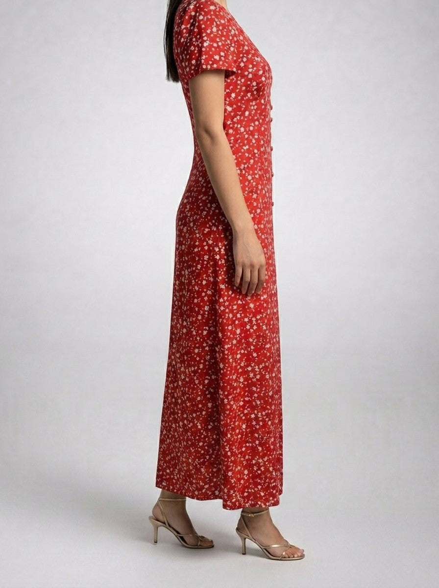 Women's Elegant Floral Short Sleeve Wedding Guest Maxi Dress with V-Neck