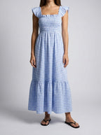 Women's Elegant Gingham Tiered Occasion Maxi Dress with Square Neck