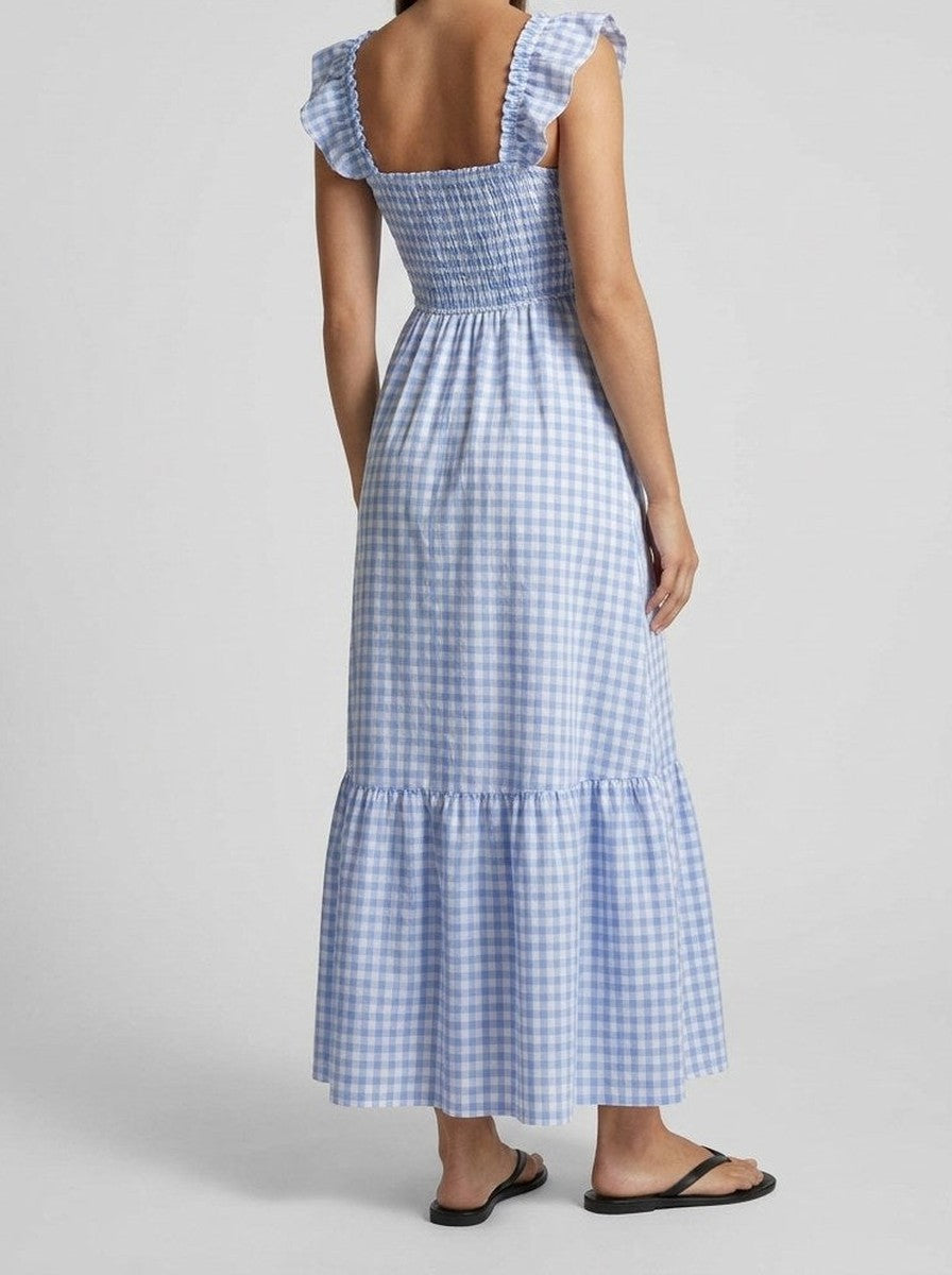 Women's Elegant Gingham Tiered Occasion Maxi Dress with Square Neck