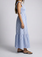 Women's Elegant Gingham Tiered Occasion Maxi Dress with Square Neck