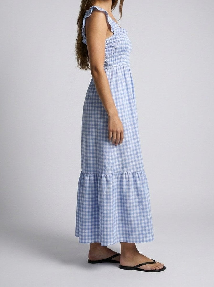 Women's Elegant Gingham Tiered Occasion Maxi Dress with Square Neck